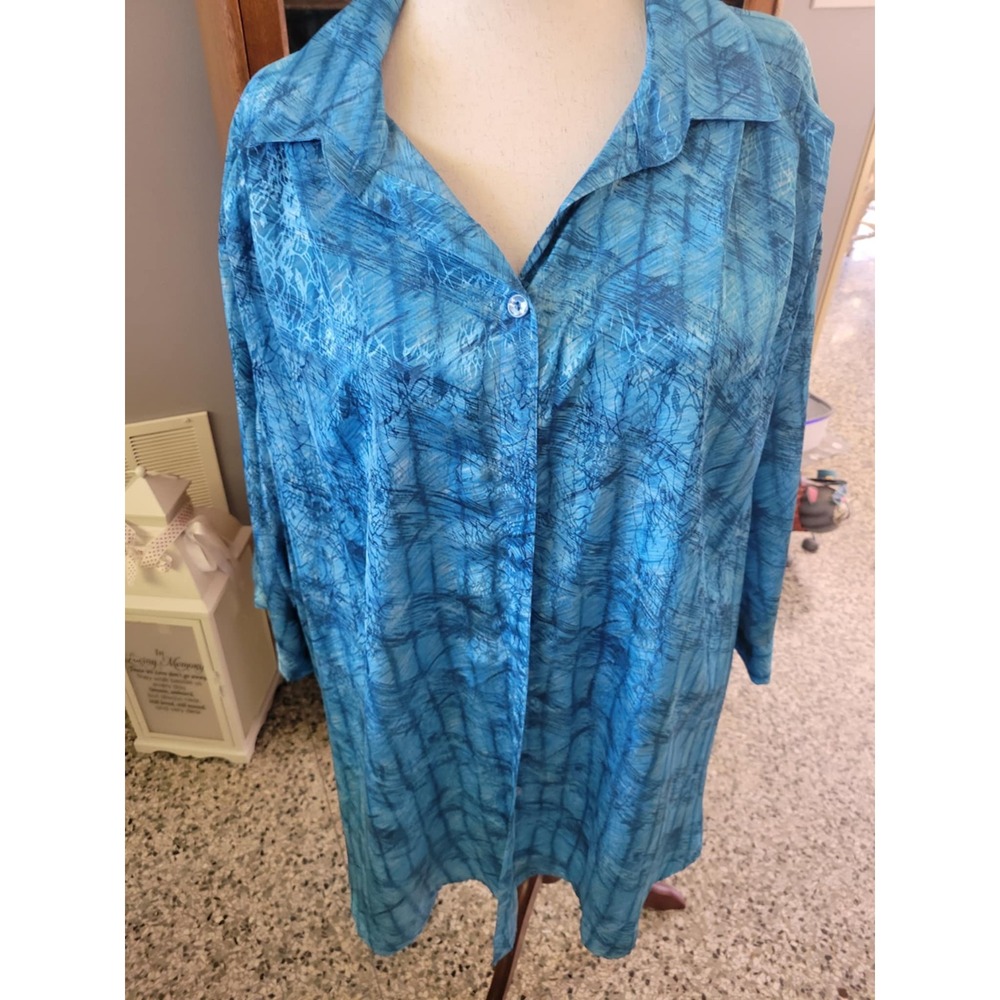 MC Blue Abstract Button Down Long Sleeve Blouse Top Women's‎ 5X